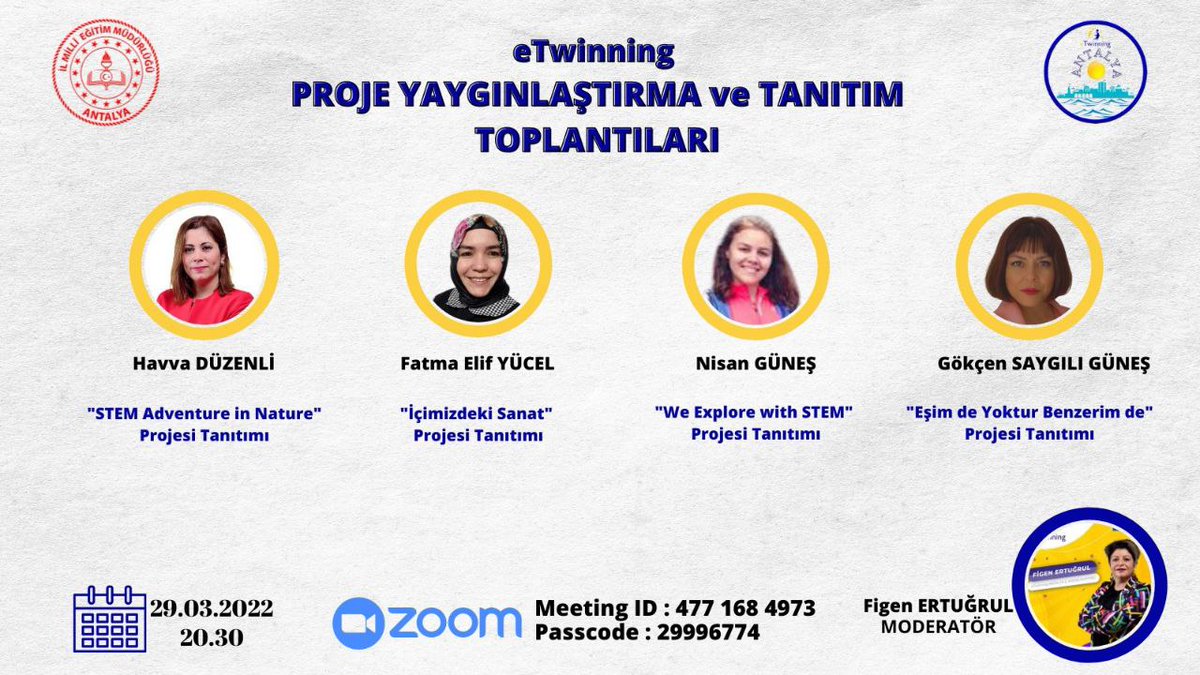 İl Milli Eğitim Müdürlüğümüz koordinesinde yürütülen eTwinning Proje Tanıtım ve Yaygınlaştırma Toplantılarının altıncısı 29.03.2022 Salı günü saat 20.30’da gerçekleştirilecektir.
<a href="/tcmeb/">Millî Eğitim Bakanlığı</a>
<a href="/AntalyaValilik/">T.C. Antalya Valiliği</a>
<a href="/emre_caliskan/">Emre Çalışkan</a> 
<a href="/mkrksakcay/">MEHMET KARAKAŞ</a>