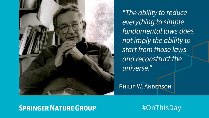 Quote from Philip W. Anderson: ”The ability to reduce everything to simple fundamental laws does not imply the ability to start from those laws and reconstruct the universe.”