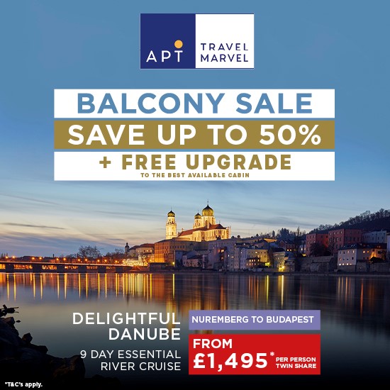 DELIGHTFUL DANUBE
9-day river cruise | Nuremberg-Budapest
❗ Save up to 50% + free cabin upgrade to the best available cabin*
⭐From just £1,495pp* inc flights, sightseeing, tipping, meals + more
📆Departing May, June, July &amp; Aug 2022

📞0800 012 6686
💻agentclub@aptouring.co.uk