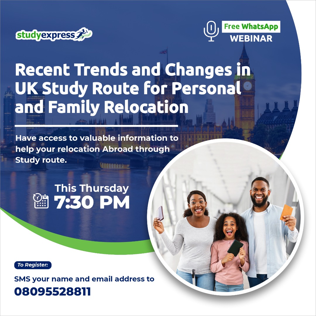 StudyexpressNG's tweet image. Want to relocate to the UK either alone or with your family through the Study route? Join @StudyexpressNg FREE Information session Via our WhatsApp Group this Thursday by 7pm. Click wa.link/studyexpress to join FREE.