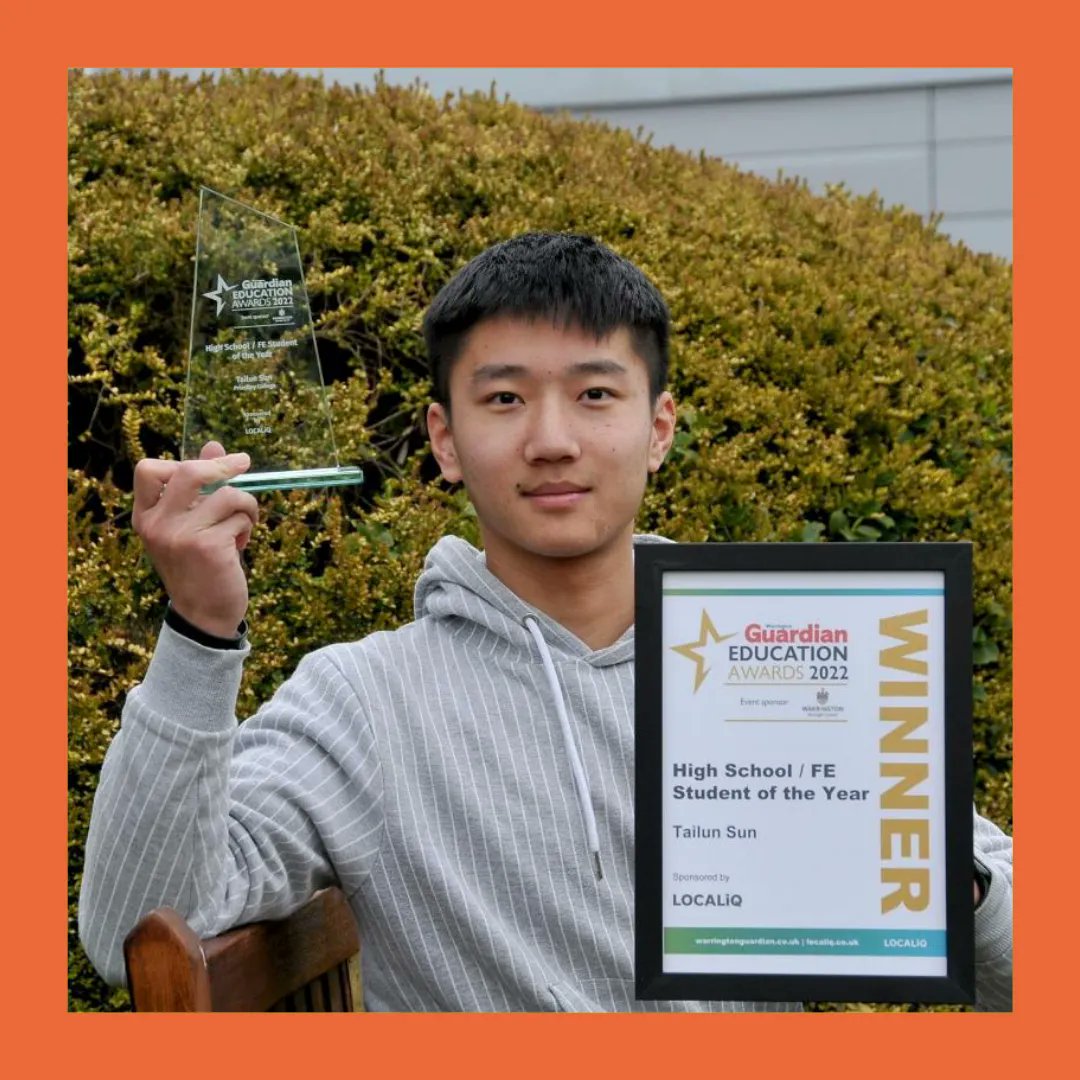 Congratulations to Tailun Sun who has won High School/Further Education Pupil of the Year in the Warrington Guardian Education Awards last Thursday evening 
Tailun has been a Buddy with us, and on every level was simply amazing.

💻 buff.ly/3JR4ync
📷 Warrington Guardian