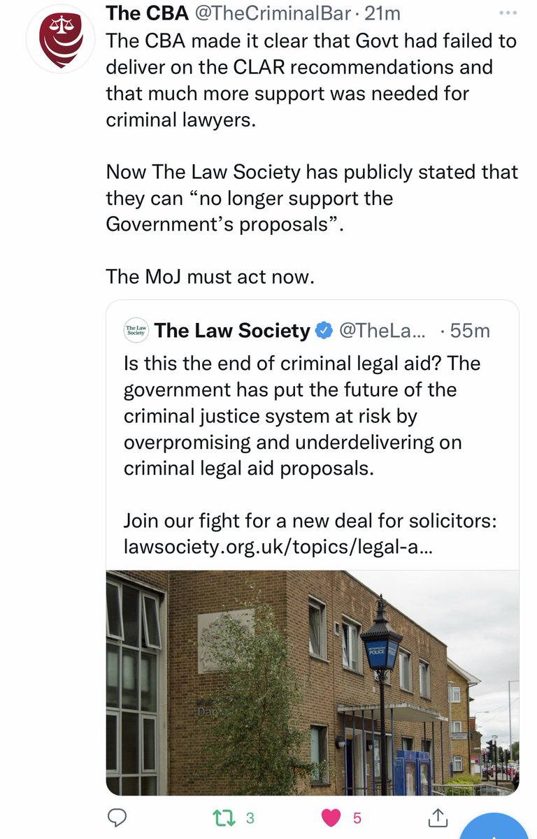 22Mar022 @MoJGovUK @DominicRaab tells @BBCRadio4 #LawInAction @JoshuaRozenberg “reception from Bar Council and the Law Society, feels like we got this right”
Oops
29Mar22 @TheLawSociety @LawSocPresident “We can no longer support the government’s proposals,” 

As1 @TheCriminalBar