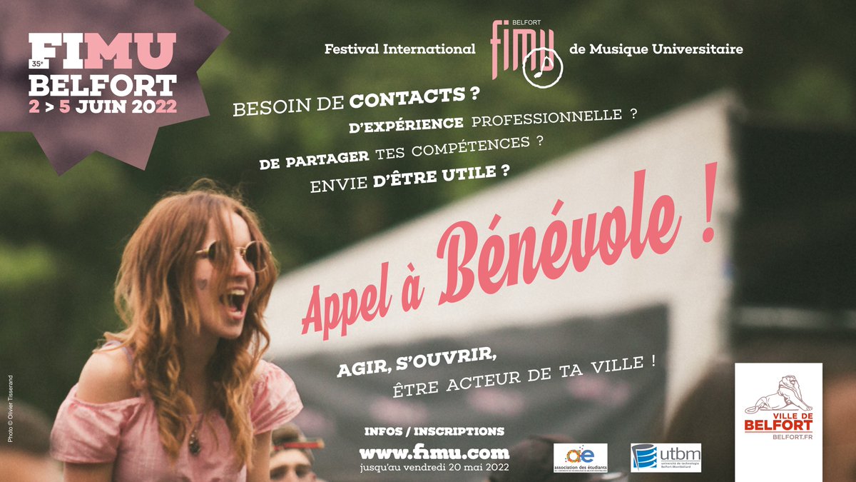 L’appel à bénévole est toujours en cours ! 🥳 

Les infos et inscriptions sont disponibles ici : 

👉 fimu.com/participer-au-…

@utbm_fr <a href="/ae_utbm/">AE UTBM</a> @montbel_iut @lpmosel 

#FIMU2022 #Belfort #FIMU #villedeBelfort #Bénévoles