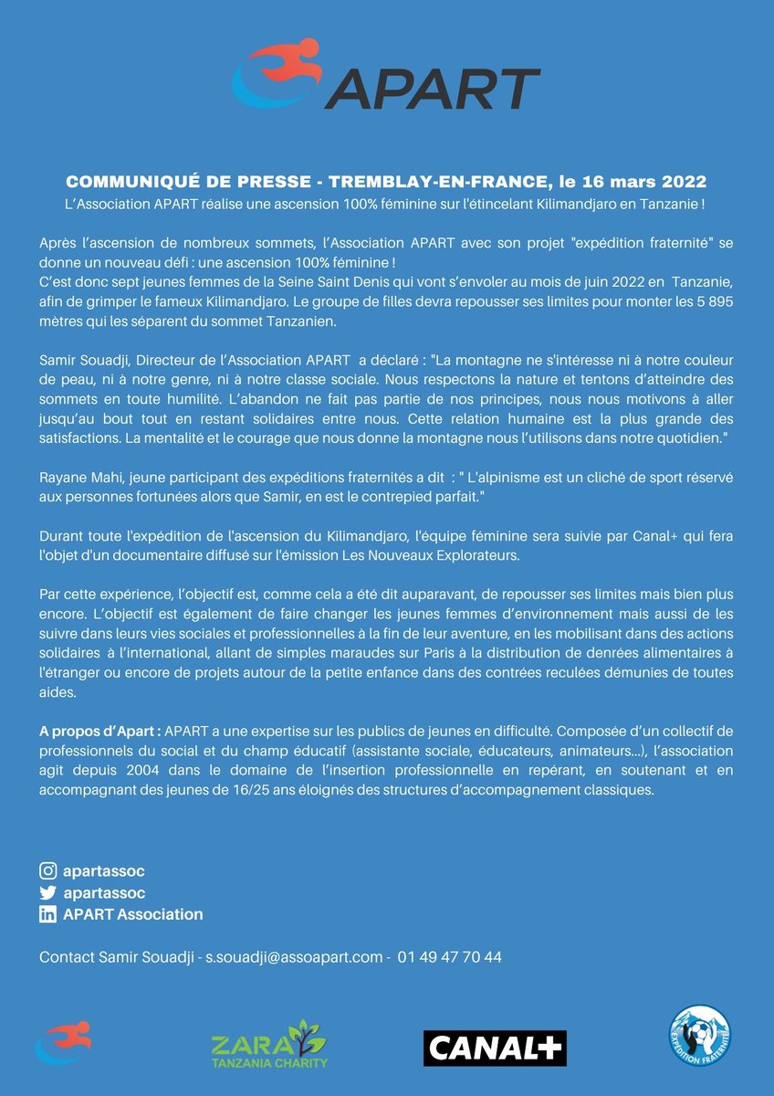 📣Communiqué de presse - Kilimandjaro

 Retour d'Expédition Fraternité

Quelque chose se prépare du côté du pôle féminin d'APART. En effet, les filles se préparent à gravir le Kilimandjaro. 

N'hésite pas à nous suivre sur instagram : apartassoc

#kilimandjaro #expedionfraternité