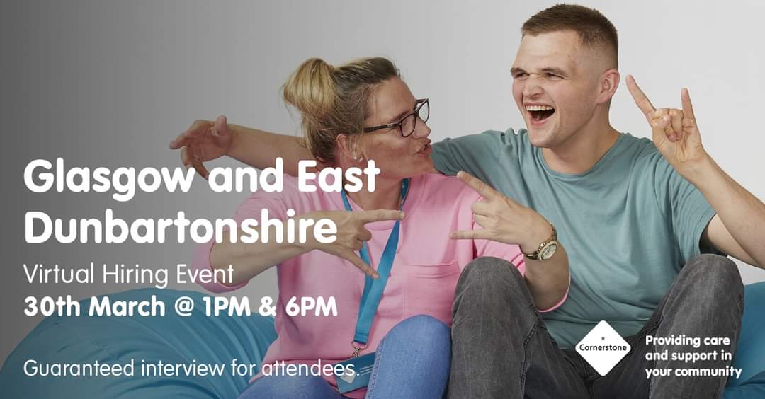 There's still time to register for Cornerstone's Glasgow &amp; East Dun Hiring Event using the link below 👇
forms.office.com/r/zALPNBkP5v

Join online at 1pm or 6pm tomorrow 30th March to find out about working with <a href="/CornerstoneScot/">Cornerstone</a> and training. Guaranteed interviews for all attendees 🤩