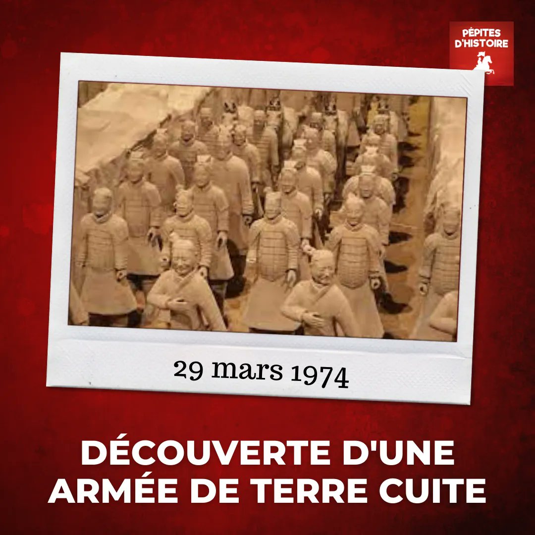 Le 29 mars 1974, une gigantesque armée de terre cuite est découverte en Chine 😍 Au total, près de 8000 statues en terre cuite de soldats et de chevaux, sont retrouvées dans les fosses du mausolée de l'empereur Qin, à proximité de la ville de Xi'an, dans le Shaanxi.