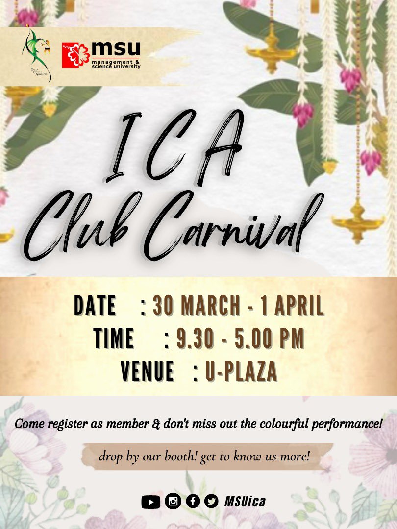 ica_msu's tweet photo. 🙏🏻Good day MSUrians 🌺Contentedly informing that our CLUB CARNIVAL 2022 is coming towards your step✨ 🥳Do dash extra merrier by visiting our booth in U-Plaza 📍Eagerly waiting to see you all there 🌟🎉

#msuica
#msumalaysia
#msurians
#go2msu
#msuscd https://t.co/dVBPQf1S5g
