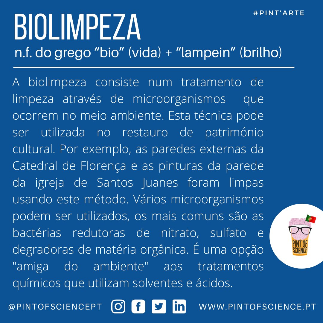 pintofsciencePT's tweet photo. Já pensaste como as obras de arte se mantêm preservadas? Hoje apresentamos-te uma técnica inovadora de restauro de obras de arte 👩🎨, com influência da microbiologia 🦠
#pint22 #pintsworld #pintofscience #pintofscienceportugal #biolimpeza #pint'arte #porto #conceito #pintPT https://t.co/h3I8npCsGq