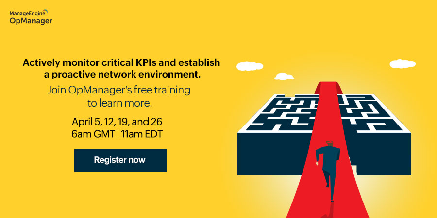 manageengine's tweet image. Join our free webinar series on April 5, 12, 19, and 26 to learn from our experts how to actively monitor critical KPIs and establish a proactive environment with OpManager. Register now at zcu.io/BU3g
#NetworkMonitoring #NetworkMonitoringTools