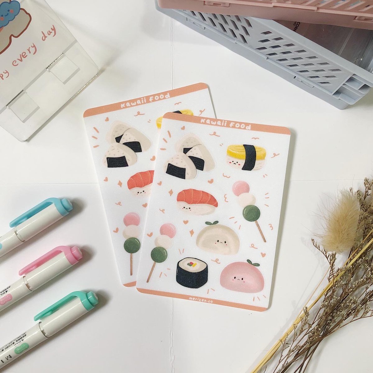 merizen_co's tweet photo. ꒰ product drop: kawaii food &amp; fruits! ꒱

since you all loved my strawberriez and matcha sticker sheet, here’s an addition to my cute food sticker sheet series~! 

𓍯 both are printed on vinyl sticker paper with 2 available finish: regular matte and glitter. https://t.co/XhODEBC1wc