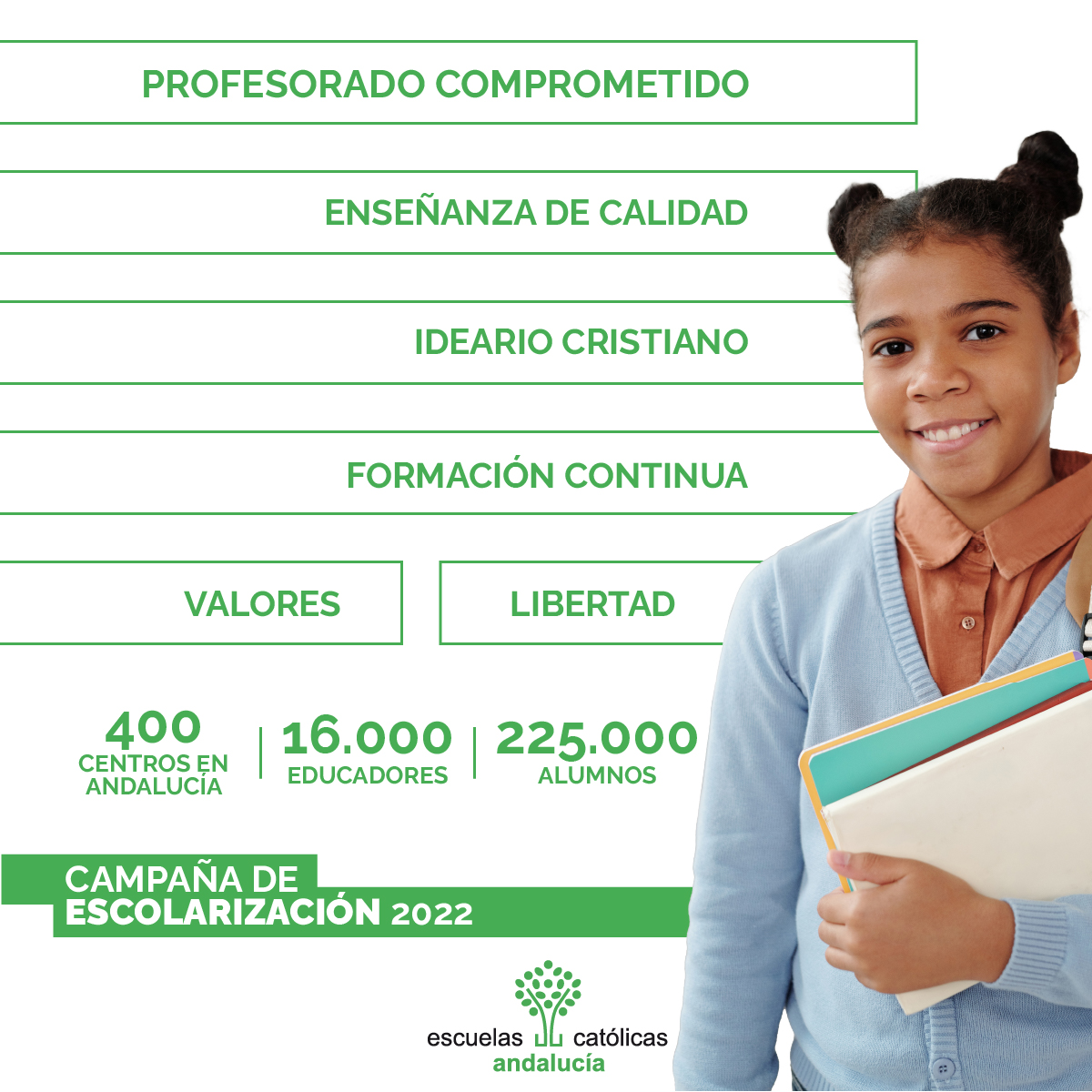 EC_Andalucia's tweet photo. ‼️ Recuerda ‼️
📆 Aún estás a tiempo de solicitar plaza escolar en cualquiera de los 400 centros de nuestra organización en Andalucía.
✅ Apuesta por una enseñanza de calidad, con valores cristianos y equipos docentes comprometidos en un ambiente seguro y de libertad. https://t.co/xEpjpPaUfm