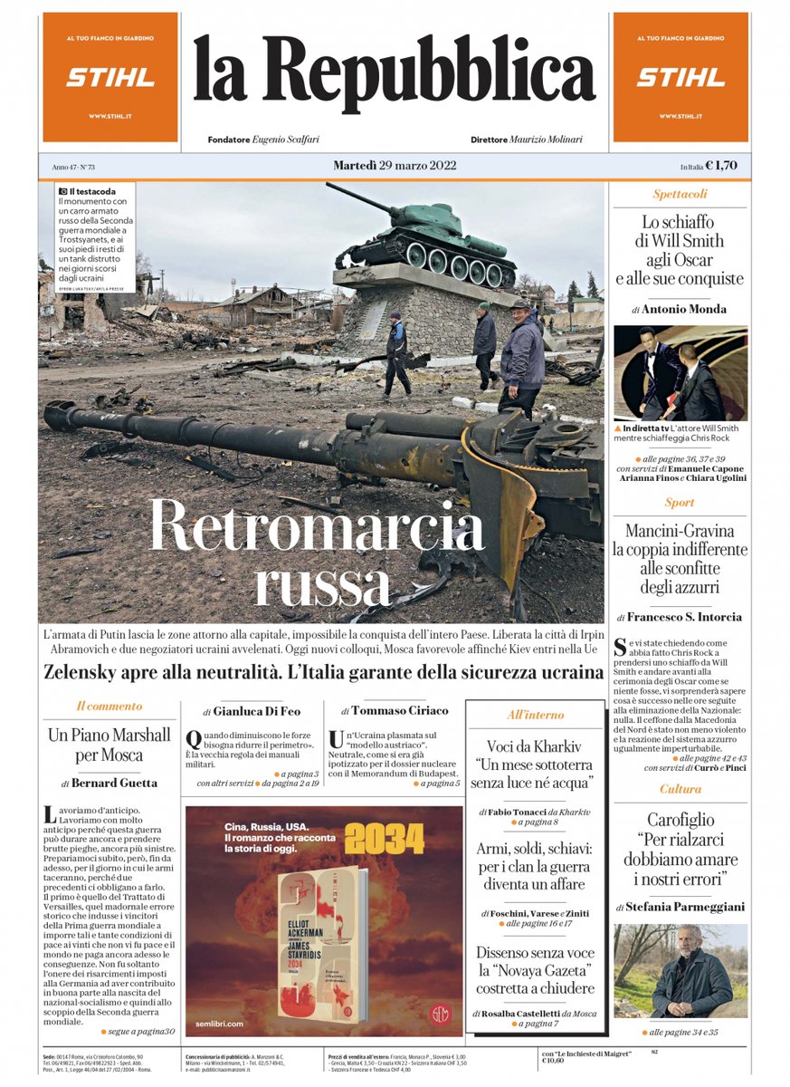 adbonaccorso's tweet photo. LA PRIMA DI OGGI. la Repubblica. Retromarcia russa. L’armata di Putin lascia le zone attorno alla capitale, impossibile la conquista dell’intero Paese. Zelensky apre alla neutralità. L’Italia garante della sicurezza ucraina https://t.co/2oMCUJmzNV