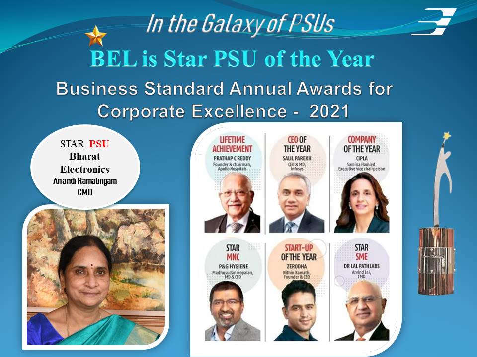 BEL has been selected as “Star PSU” from among all the PSUs of the country by an eminent jury constituted to select the winners of the “Business Standard Annual Awards for Corporate Excellence 2021”.