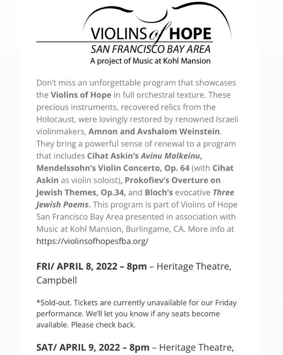 AskinCihat's tweet image. I am looking forward to play in this wonderful project.

Thanks to listeners in Bay Area, the first night is completely SOLD OUT.

#violinsofhope @peninsulasymph #champbelltheatre #mitchellsardouklein #amnonweinstein #avshalomweinstein #cihataskin #violinist