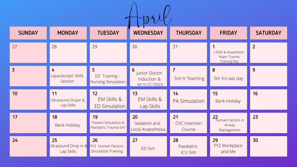 MedEdLeeds's tweet photo. April seems to be quite a busy one again! Just a brief overview of some of the activity we are supporting over the next month - lots more to look forward to as well. Thanks to our amazing teams for facilitating! #collaboration #MedEd https://t.co/07ibCu4niG
