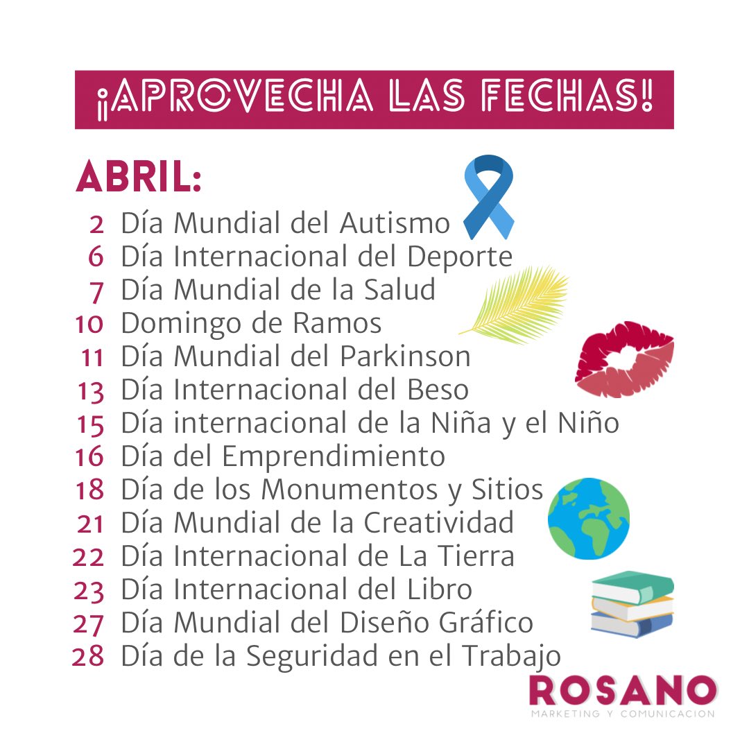 rosanomarketing's tweet photo. ‼️APROVECHA LAS FECHAS‼️

📅 Aquí tienes el #calendario de fechas para postear en #RRSS el próximo mes de abril.
#marketingdigital #redessociales 

👇🏼Hilo https://t.co/LmOEdexAis