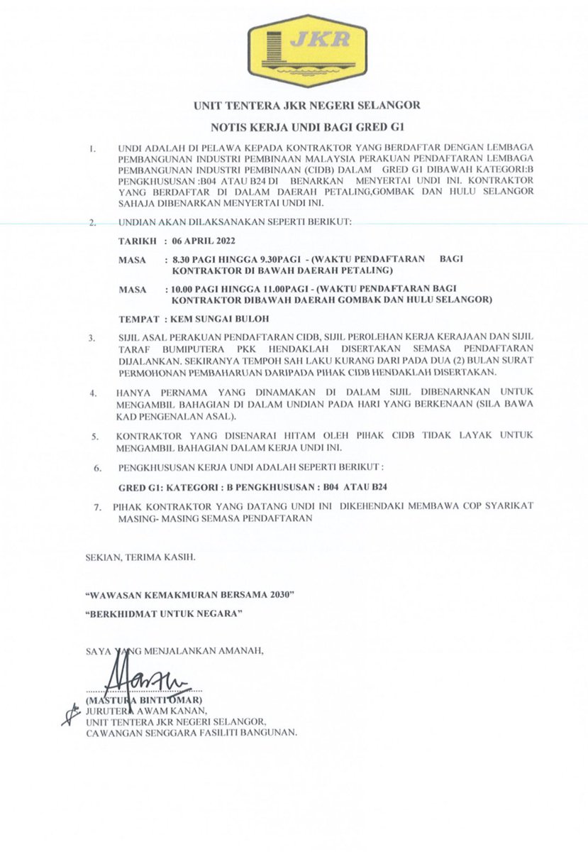 Notis Kerja UNDI Bagi Gred G1 Unit Tentera JKR Negeri Selangor.

Tarikh : 6 April 2022
Masa : 8:30pagi - 9:30pagi- Kontraktor Petaling
Masa : 10:00pagi - 11:00pagi-
Kontraktor Gombak &amp; Hulu Selangor
Tempat : Kem Sg Buloh
<a href="/syikun/">Muhd Asyikun</a> 
<a href="/masturaomar10/">masturaomar</a> 
<a href="/JKRSelangor/">JKR Selangor</a> 
<a href="/csfbjkr/">CSFB JKR</a>