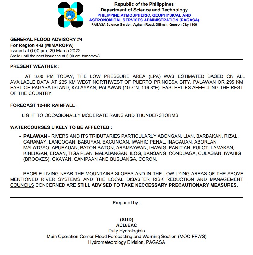 dost_pagasa's tweet photo. General Flood Advisory (GFA)
Issued @ 6PM, 29 March 2022

Region 4B (MIMAROPA) - #GFA4 https://t.co/dGPKfFCm1c