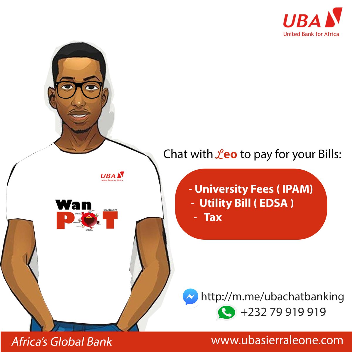 Chatting with Leo on WhatsApp and Facebook Messenger is exciting. With Leo, IPAM Students can pay for their University Fees. Leo can help you pay for your Utility Bill such as  (EDSA), Goods &amp; Services Tax (GST) including Income Tax. 
#UBADigitalWanPot