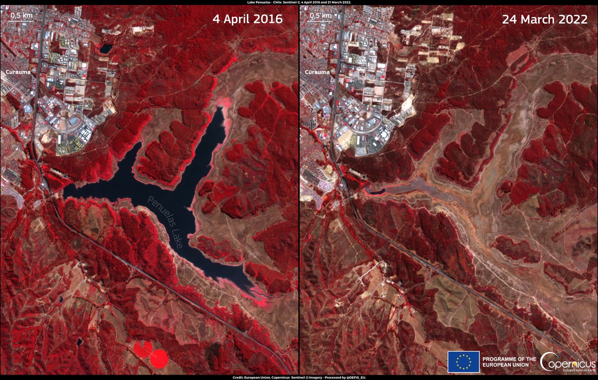 #ImageOfTheDay

Lake Peñuelas was one of the main sources of water supply for the Valparaíso region 🇨🇱

Because of the multiannual #drought that is affecting #Chile, the lake has dried up 🚱

The lack of water is visible when comparing #Sentinel2 🇪🇺🛰️images of ↙️2016 and ↘️2022