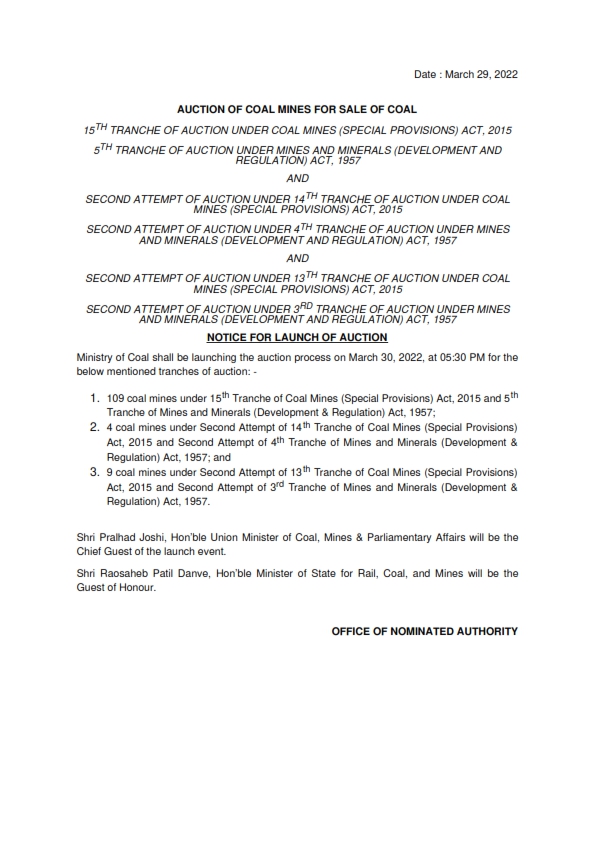 GeorocksC's tweet photo. MoC, GoI is going to launch 5th round of commercial coal block auctions tomorrow 30th March 2022. 109 coal blocks (13 will be roll over blocks from earlier auctions) will be auctioned this time.

#coal #coalmining #mining #commercialcoalblockauctions #coalblockauctions #india https://t.co/CIcCKFcUfq
