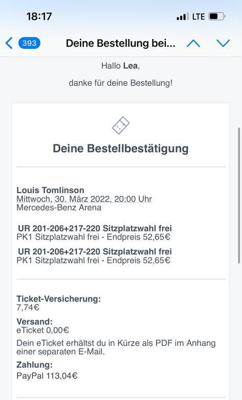 cookieleea's tweet photo. Ich verkauf ein e-Ticket für Louis Tomlinson morgen am 30.04 in Berlin! 

Ist mit Ticket Versicherung, 50€ VB

Möchte nur gerne das es genutzt wird und ich mein Geld nicht verliere 

Bitte RT! 
#louistomlinsonberlin #LouisTomlinson https://t.co/DwPQtbzvob