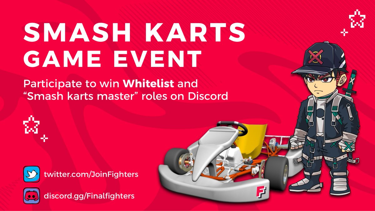 🎉 Smash Karts tournament tonight!

When? Today 3PM EST🎯

🎌 Where?discord.com/events/9148636…

🎁 Rewards: Whitelist spots for both Final Fighters and Fighter girls collections + "The Smash Karts Master" role in DC!

#NFTGiveaways #NFT #Ethereum #PolygonNFTs #NFTCommmunity