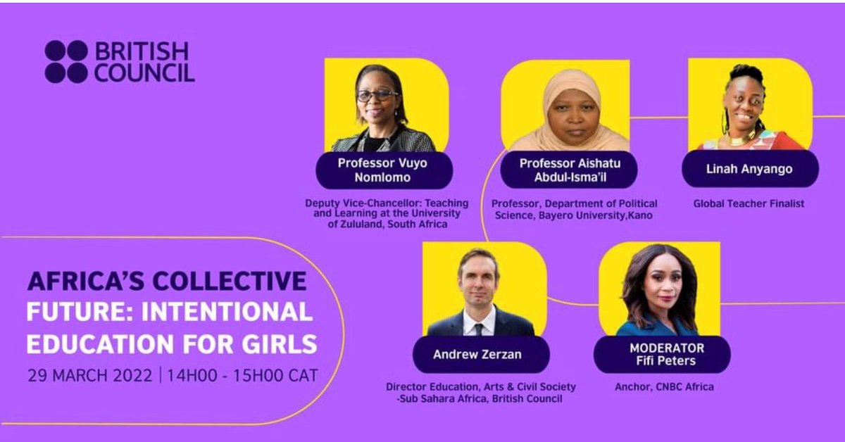 Everyone benefits from *girlseducation*

Really good to see today's webinar on this topic (supported by the British 🇬🇧Council here in #Zimbabwe) with brilliant panellists including Prof Vuyo Nomlomo of <a href="/UNIZULUongoye/">University of Zululand</a> &amp; <a href="/YLnhanyango/">Linah Anyango</a> - do join!

<a href="/FCDOEducation/">FCDO Girls’ Education</a> <a href="/L_JayMut/">Lovejoy L-Jay Mtongwiza</a> <a href="/TheEDTUK/">EDT</a>