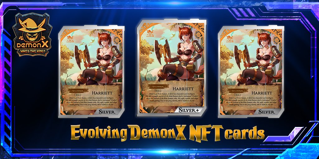 0xWelder's tweet photo. If you got 2X HARRIETT (Sliver) you are able to evolve to HARRIETT (Sliver+).

Evolve your DemonX NFT to DEMON KING NFT 👑👑

#StakeToEarn #PlayToEarn #GameFi #NFTGame https://t.co/EqA2BIes4J
