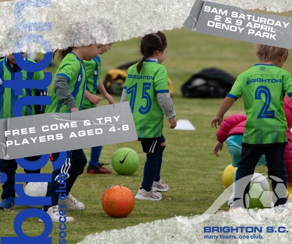 Come and Join us!

Players aged 4 to 8 are welcome to try our beautiful game.
email: info@brightonsc.org.au with your players name and age. 

9am - 10am  Dendy Park, Breen Drive,  Brighton East 

#manyteamsoneclub
#brightonsc

We look forward to welcoming you!