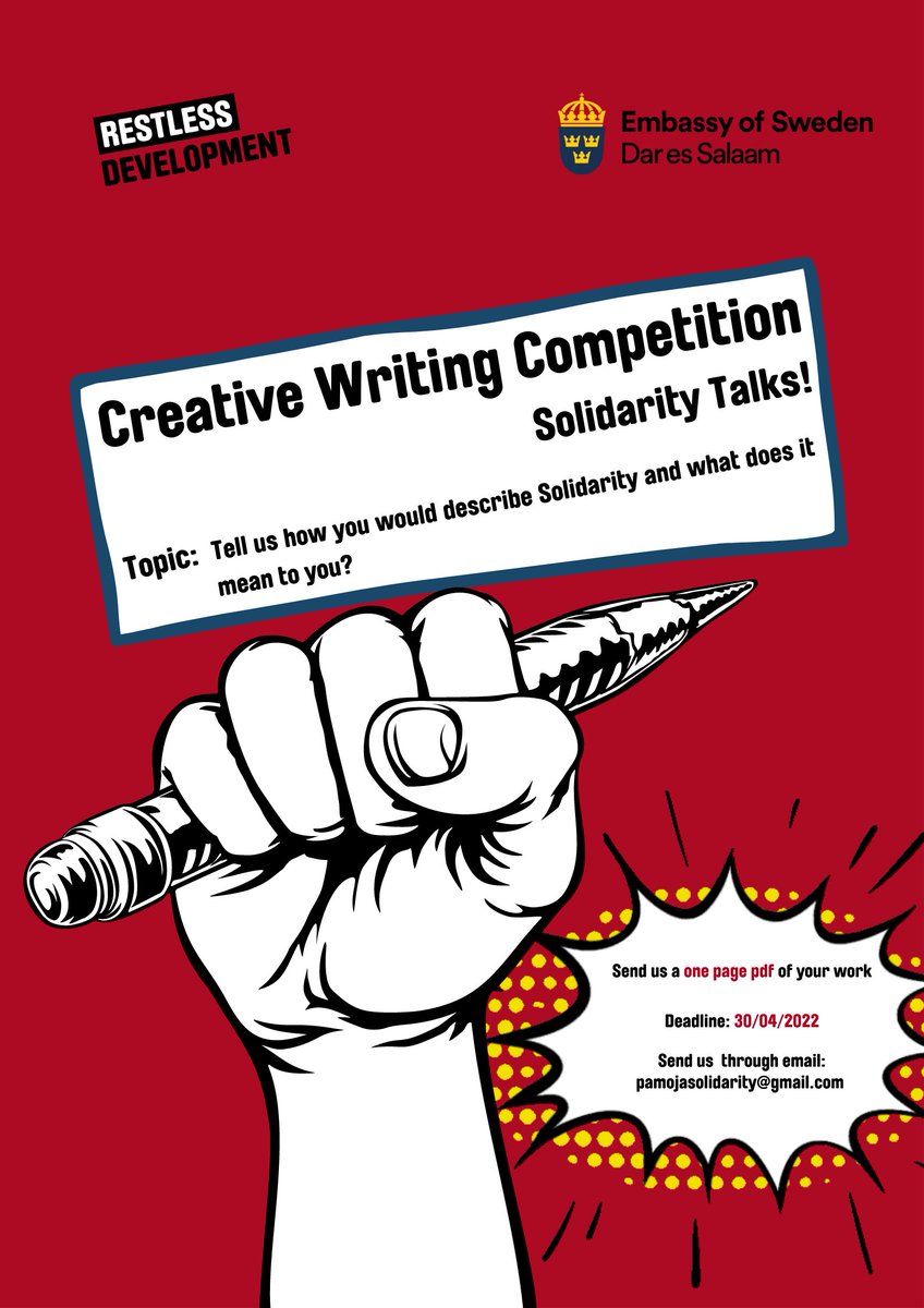SwedeninTZ's tweet photo. 📢Extended deadline:
Calling for all forms of creative writing:
What does SOLIDARITY mean to you?
Anyone between the ages of 14-35 can submit. Let's get creative!
#Pamoja
#Togetherchangeispossible https://t.co/xKwNmxy9Cz