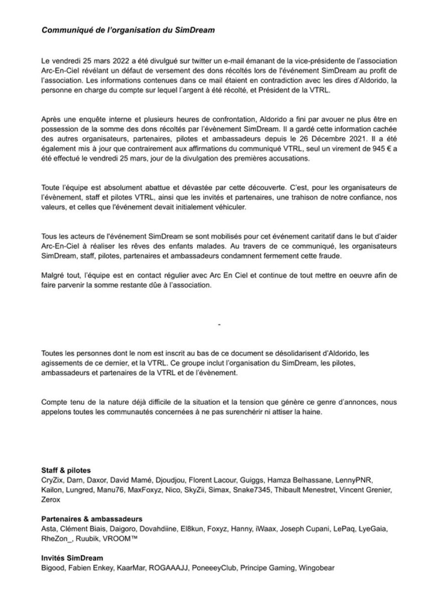 PrincipeGaming's tweet photo. Bonjour,nous tenons à vous informer que toutes les contenus présent sur notre chaîne YouTube en Rapport avec la #SimDream et la VTRL seront supprimés . Nous apportons tout notre soutien aux bénévoles,streamer,invités présent ainsi qu @asso_ArcEnCiel_ Nous saluons leur engagement https://t.co/eIcGph9QzQ