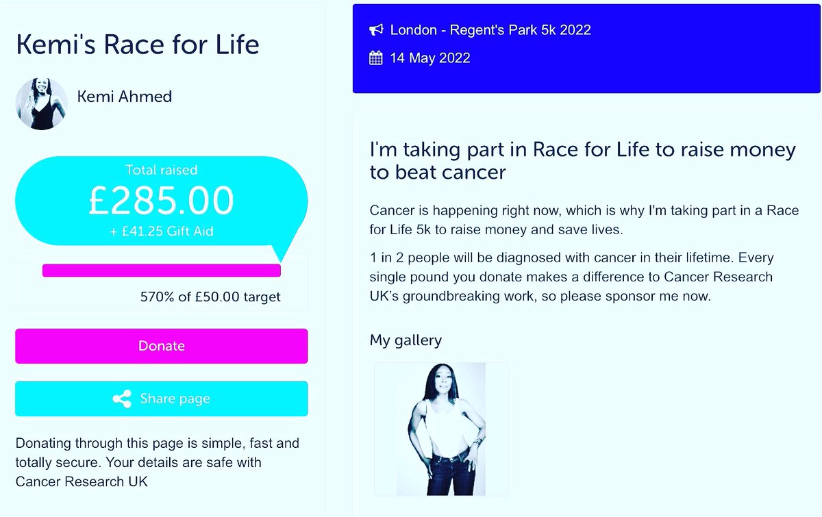 fundraise.cancerresearchuk.org/page/kemis-rac…  The donations for my  5K Race for Life Challenge on the 14th of May at London's Regents Park continues to grow. I'm so thankful to everyone that has donated so far. 🙏🏾🙏🏾👏🏾👏🏾 💝 @cancerresearchuk