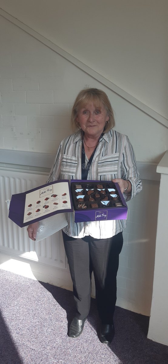 Sarah looking happy with her box of chocolates given to her by unemployed adults completing a 5 day care course at Inspira in Whitehaven <a href="/inspiraforlife/">Inspira</a>
