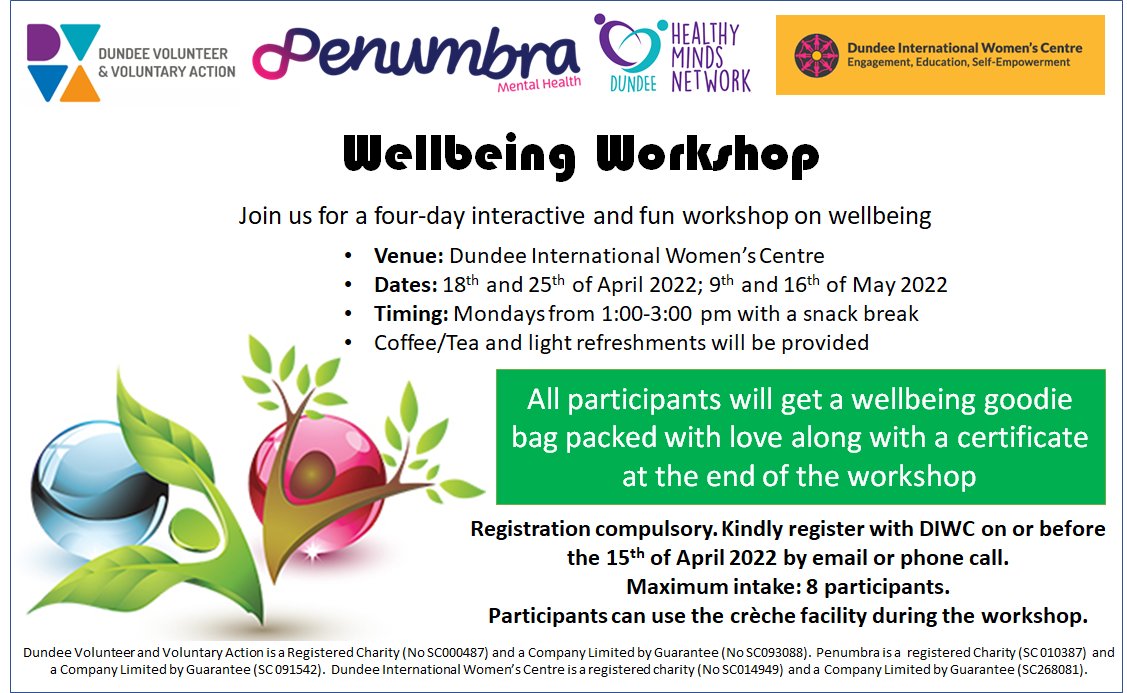 Lets get together! 

👉👉👉#WellbeingWorkshop for Women 
👥 Register soon! Limited Spaces! 

<a href="/penumbra_scot/">Penumbra Mental Health</a> @DundeeIWC @DVVA @Dundee @TSI