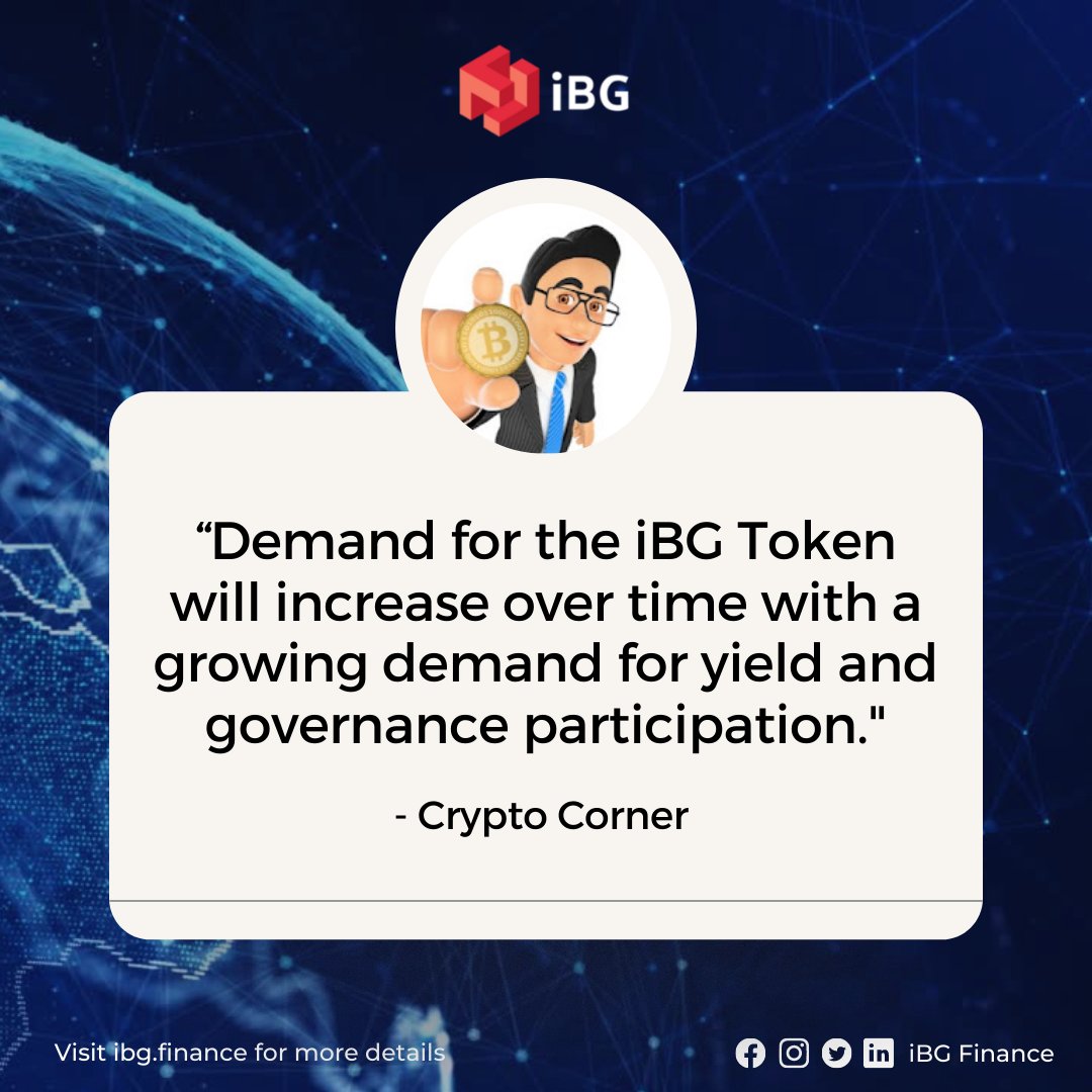 ibgfinance's tweet photo. “Demand for the iBG Token will increase over time with a growing demand for yield and governance participation."
Crypto Corner believes in $iBG! Don’t miss out on his exciting #iBGFinanceReview: https://t.co/GxfUxkg4s3 🚀
#DefinitelyiBG #Crypto #DeFi #altcoin https://t.co/zxmDmahVme