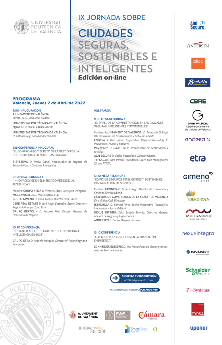 Este año colaboramos en la IX Jornada sobre ciudades seguras, sostenibles e inteligentes, organizada por <a href="/UPV/">Universitat Politècnica de València</a>🌱

🗓 Jue,. 7 de abril | 9h a 14h
🧑🏻‍💻 Online

Descubre cuales son las ciudades inteligentes 🌍

📌 Inscripción gratuita
➡️ ow.ly/BfYC50IuInW ⬅️