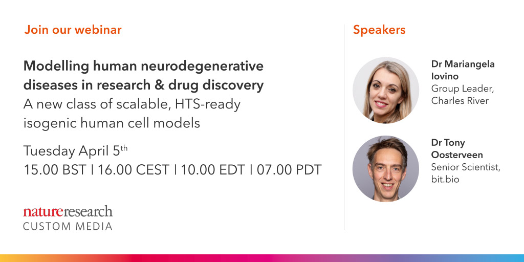 Join our webinar with Dr Mariangela Iovino @CRiverLabs & Dr Tony Oosterveen to learn about the need for a new class of scalable isogenic disease models for #CNS #drugdiscovery.

hubs.ly/Q016mLvz0

Presented by Nature Research Custom Media #ADFEATURE