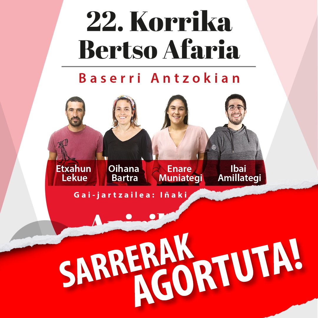 SARRERAK AGORTUTA!!
<a href="/LagatzuZamudio/">Lagatzu Zamudio</a> #zorrizketan <a href="/Zamudio_Udala/">Zamudio Udala</a>
<a href="/AEK_eus/">AEK-KORRIKA</a> <a href="/korrika_aek/">Korrika_AEK</a>  #Bertsoafaria #Txorierri