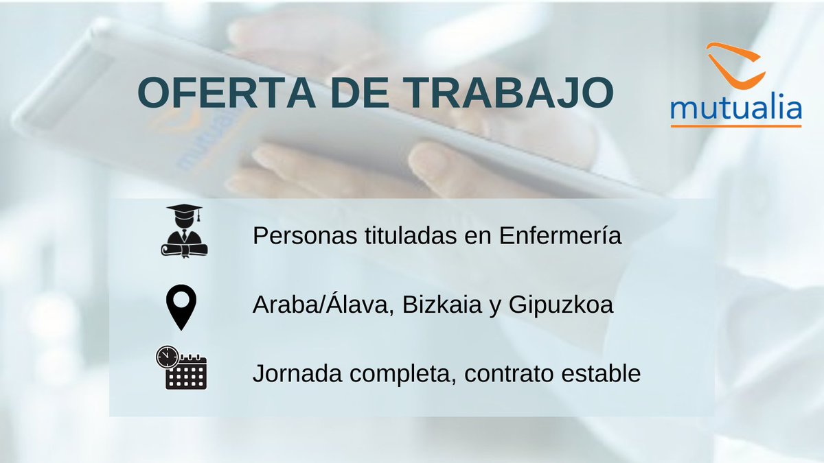 mutualiamutua's tweet photo. 📌¿Quieres formar parte de nuestro equipo?

👩‍⚕️🧑‍⚕️Buscamos personas tituladas en Enfermería para incorporación en nuestras clínicas y centros asistenciales de Araba/Álava, Gipuzkoa y Bizkaia.

▶️https://t.co/Wff3TEKlVb
#ofertasdeempleo #empleos https://t.co/RahqKTwKtk