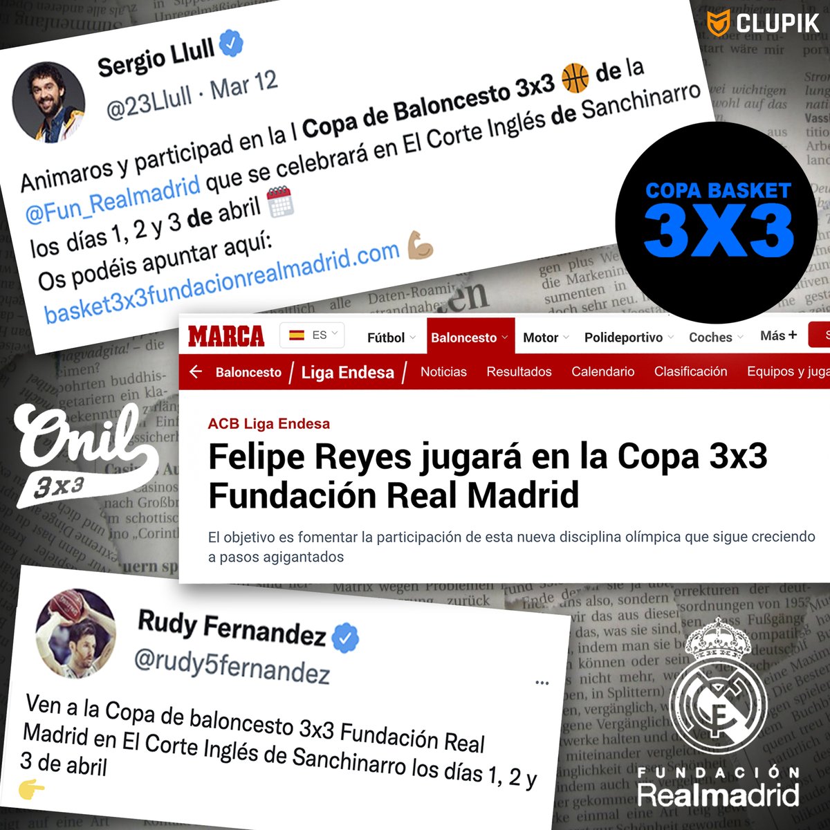 ClupikSport's tweet photo. Este fin de semana llega la 𝗜 𝗖𝗼𝗽𝗮 𝗱𝗲 𝗯𝗮𝗹𝗼𝗻𝗰𝗲𝘀𝘁𝗼 𝟯𝘅𝟯 de la Fund. R. Madrid en @elcorteingles de Sanchinarro

El viernes, triangular Influencers - Leyendas Real Madrid - @onil3x3. Sábado y domingo, el torneo

Últimas plazas disponibles: https://t.co/t8msDMS0D2 https://t.co/dfZO8xxZjA