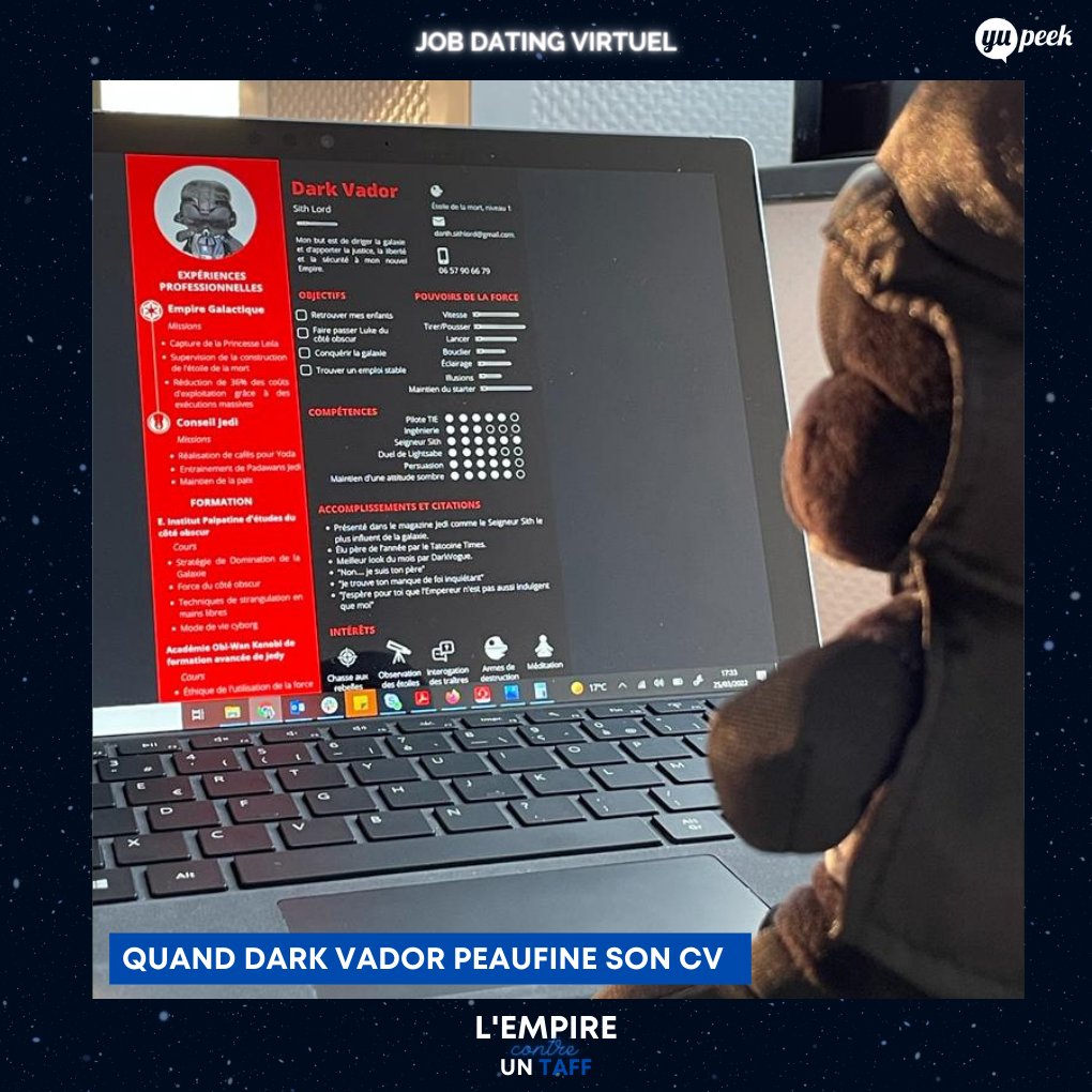 👀 J-8 avant le top départ du forum !

Ca y est, Dark Vador a terminé son #CV pour le #jobdating. 🤩
Et toi, as-tu préparé le tien ? 

Tu n'es pas encore inscrit(e) au #forum ? 😱
Pour y participer, c'est par ici : bit.ly/jobdatingyupeek

#alternance #recrutement #offredemploi