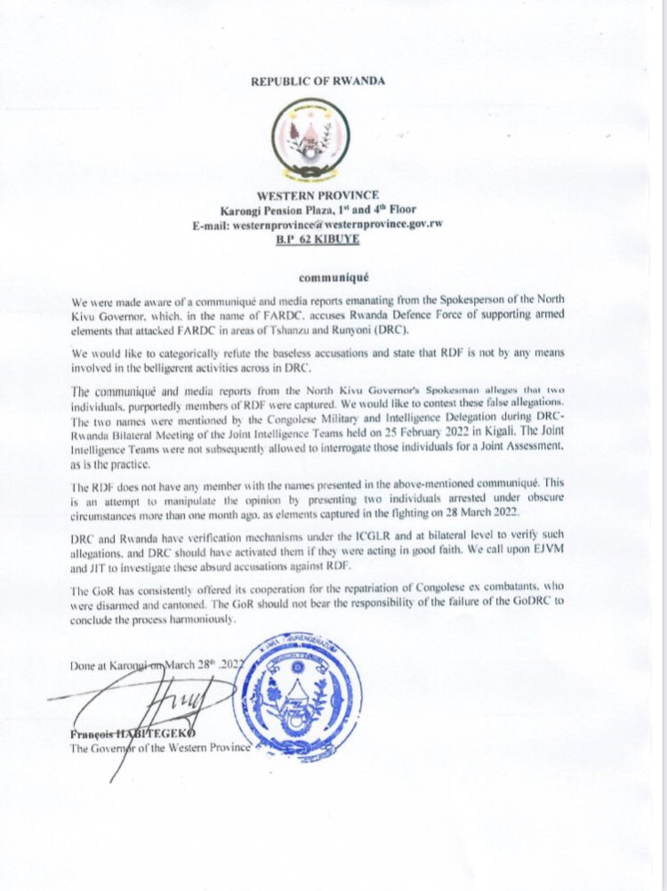 AdamsKwizera___'s tweet photo. JUST IN: 
Rwanda refutes claims by the Spokesperson of the North Kivu Governor accusing RDF of supporting armed elements that attacked FARDC in Tshanzu and Runyoni (DRC). 

Cc: @RwandaWest,  @HabitegekoFran1

#AdamsReports https://t.co/8x4DTl2cfH