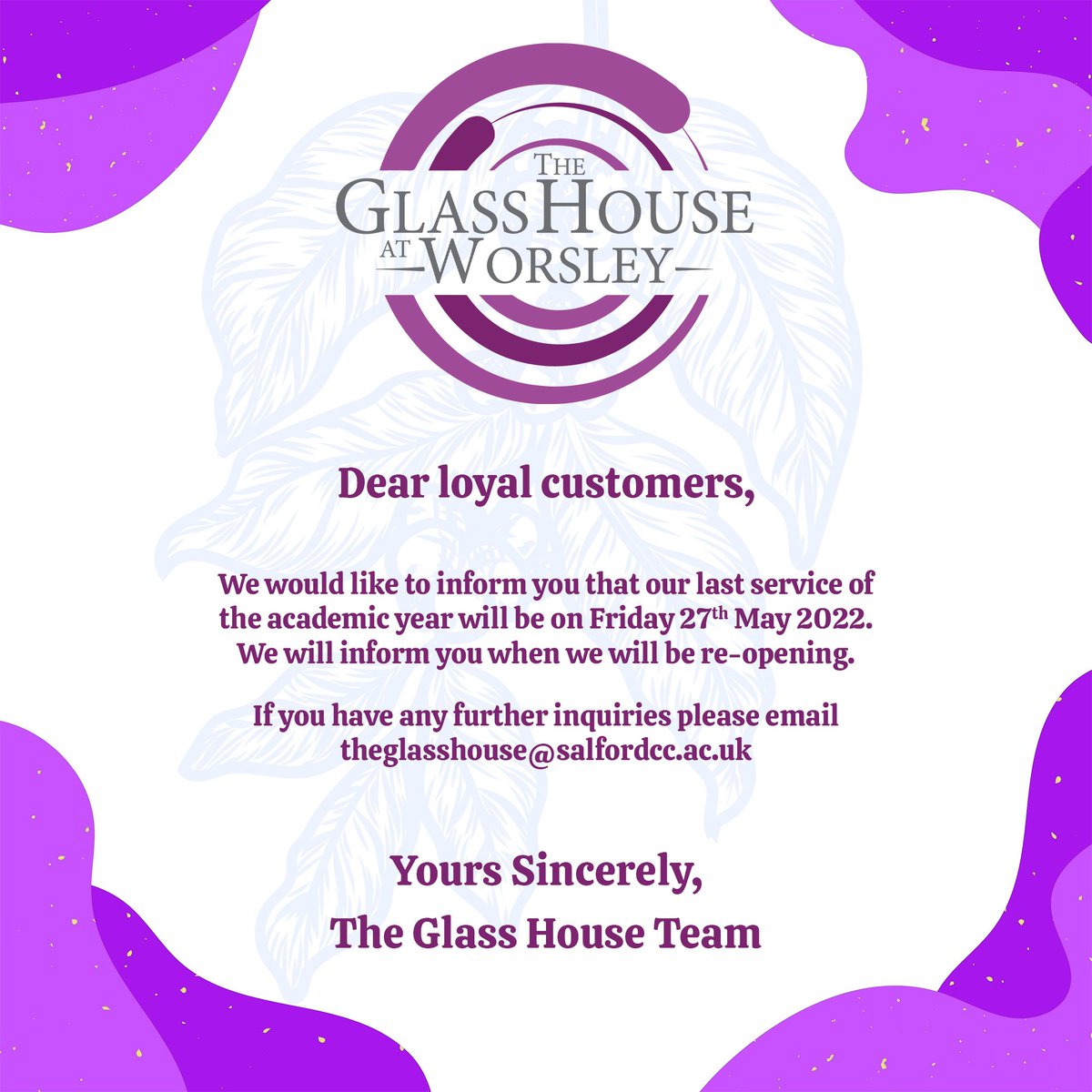 Our last service of the academic year will be on Friday 27th May. We will inform you when we will be re-opening. 

🍝 In the meantime book now to enjoy a range of gourmet meals inc an array of vegetarian &amp; vegan options.

Visit: theglasshouse.salfordcc.ac.uk/contact-us/

#Worsley #ManchesterFood