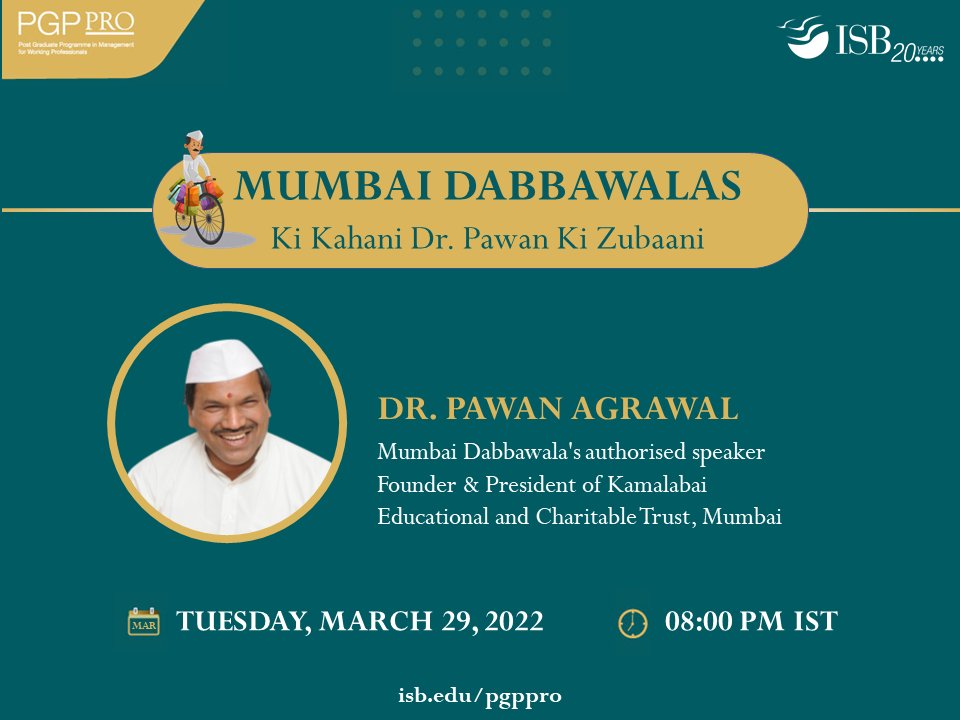 ISBedu's tweet image. Join the PGPpro Co '23 Mumbai as they host @dragrawalpawan, Mumbai Dabbawala's authorised speaker and Founder &amp;amp; President of Kamalabai Educational and Charitable Trust Mumbai today at 08:00 pm IST.

🗣️ISB.zoom.us/j/94273322491

#PROIndustrySpotlight #ISBPgppro