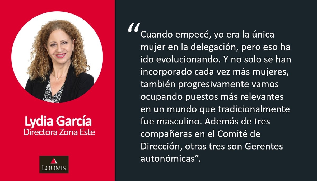 🔺#MesDeLaMujer 
En sus 3⃣8⃣ años en <a href="/loomis_spain/">Loomis Spain</a>, Lydia García Cremades ha ido adquiriendo cada vez más responsabilidades hasta su actual cargo de Directora de la Zona Este. “Es muy gratificante ver que la compañía confíe en mi trabajo y nunca me he sentido discriminada".