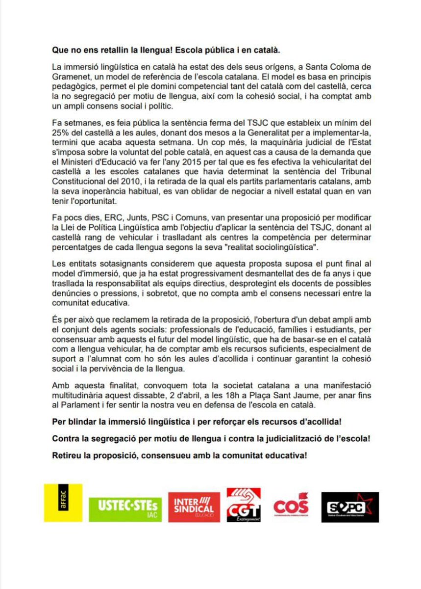 Aquest dissabte 2/04 a les 18h, contra les retallades! 
Volem una escola pública i en català!👅
#escolaencatalà #Públicaiencatalà