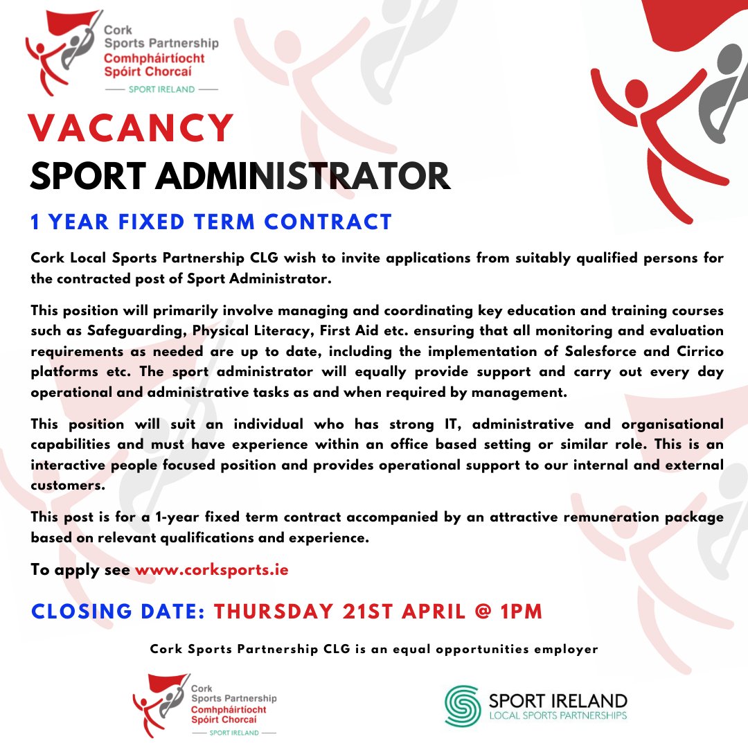 Sport Administrator - 1 Year Fixed Term Contract

<a href="/CorkSports/">Cork Sports Partnership</a> wish to invite applications from suitably qualified persons for the contracted post of Sport Administrator.

For full details and to apply please see: corksports.ie/latest-news/sp…

#ActiveCork #KeepCorkActive #CorkJobs