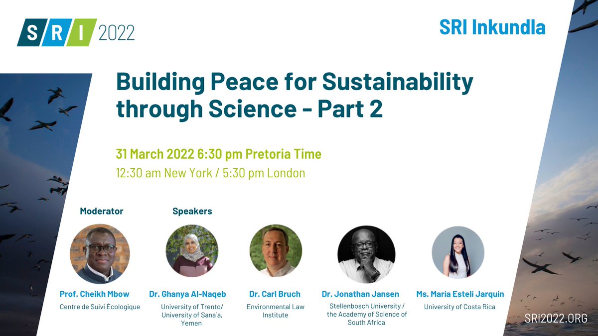REMINDER! #SRI2022 Inkundla on Building #Peace for #Sustainability through #Science Part 2 on 31 March 6.30pm SAST with speakers <a href="/cheikh_mbow/">Cheikh Mbow</a> <a href="/al_ghanya/">Ghanya Al-Naqeb</a> <a href="/CarlBruch/">Carl Bruch</a> <a href="/mariaestelijarq/">María Estelí Jarquín</a>
 
Register here: bit.ly/3N0erRl
#FutureAfrica <a href="/UPTuks/">University of Pretoria</a> <a href="/FutureEarth/">Future Earth (@futureearth.bsky.social)</a> <a href="/SRICongress/">Sustainability Research & Innovation Congress</a>