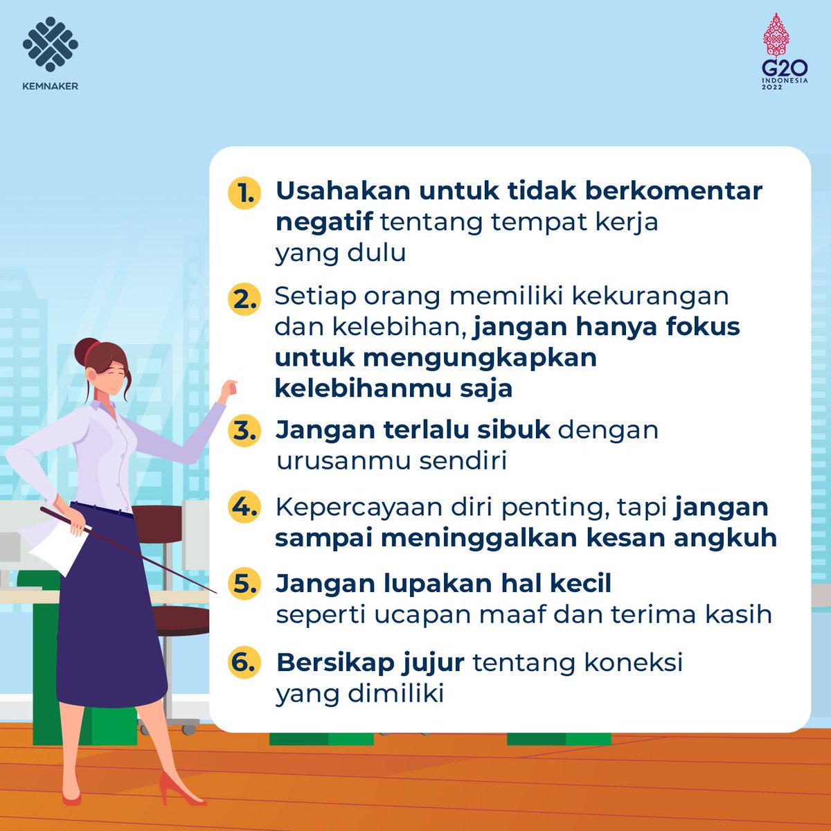 KemnakerRI's tweet photo. Apa saja yang harus Rekanaker perhatikan saat interview kerja?

Jangan sampai 6 hal ini luput dari perhatian ya.. FYI, hal ini bisa mempengaruhi hasil dari tes wawancara yang Rekanaker jalani 😉 https://t.co/HB6lkxXCLN